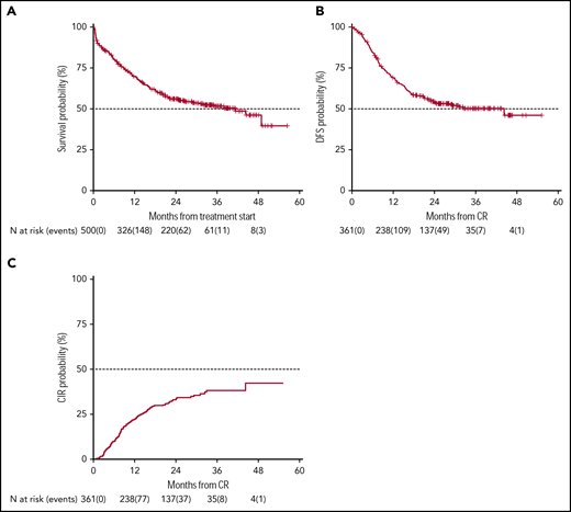 Survival estimates and CIR of the whole patient population. With a median follow-up of 28.8 months, 2-year-OS (A) and DFS (B) were 56% (median duration 38 months) and 54% (median duration 32.4 months), respectively. (C) CIR, considering death in CR as a competing risk, was 33%.