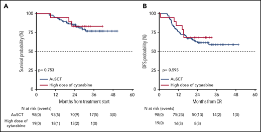 Survival estimates of the 19 patients who received high dose of cytarabine versus those who received AuSCT. (A) Patients who received high dose of cytarabine or an autologous stem cell transplant had an OS of 83% and 85%, respectively. (B) DFS was 68% and 63%, respectively.