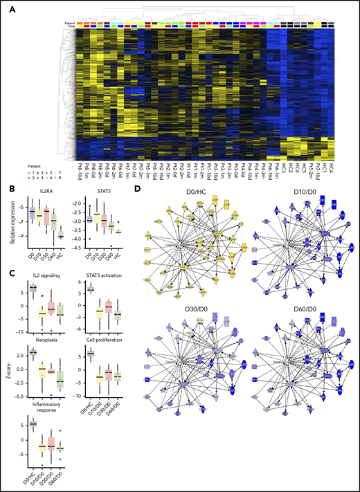 Global mRNA expression profiles, IL2RA and STAT3 expression, and changes of CTCL-related pathway, bio-function, and network activation after antibiotic therapy. (A) Heatmap and 2-way unsupervised hierarchical clustering based on the 1463 differentially expressed genes (1196 up- and 267 downregulated, more than twofold change, P < .05, q = 0.10) between lesional (patients 1-8) and skin from healthy controls (HC 1-6) before antibiotic treatment (day 0). Top row, the subject identification (8 patients and 6 HCs). The second from top row shows the time of sampling: before (0 d), 10 days (10 d), 1 month (1 m), and 2 months (2 m) after treatment. The healthy skin samples cluster to the right, and together with samples from patient 5-2m, patient 7-10d, patient 6-10d, and patient 6-1m, indicate partial normalization of the CTCL signature posttreatment. Gene expression values have been z scaled (mean = 0, var = 1) and are indicated in the heatmap as yellow (upregulated) or blue (downregulated). (B) RT-qPCR of the IL2RA and STAT3 expression in all patients before antibiotic treatment and at 10 days, 1 month, and 2 months, and in 6 HC. (C) Upstream analysis of IL-2 signaling and STAT3 activation, and bio-function activation z scores for neoplasia, proliferation, and inflammation before and 10 days, 1 month, and 2 months after treatment. (D) Activation of CTCL-involved signaling before and 10 days, 1 month, and 2 months after antibiotic treatment. The contrasts shown are CTCL vs HC at day 0 (CTCL/HC D0), and CTCL at 10 days, 1 month, and 2 months vs day 0 (paired analysis, CTCL D10-1m-2m/D0).