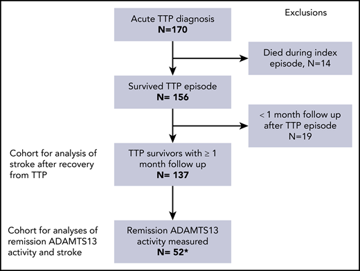 Flowchart of individuals included in the analysis. Between 1995 and 2018, 170 individual patients were treated for a confirmed diagnosis of TTP. Of these, 14 died during the index TTP episode, and another 19 had less than 1 month of follow-up after recovery from TTP. The remaining 137 patients were included in the analyses of stroke after TTP. A subset of 52 patients had available measurements of ADAMTS13 activity in remission, and could be evaluated for association of remission ADAMTS13 with subsequent stroke. *One of the 52 patients had had a stroke before the first measurement of remission ADAMTS13 and was excluded from this analysis.