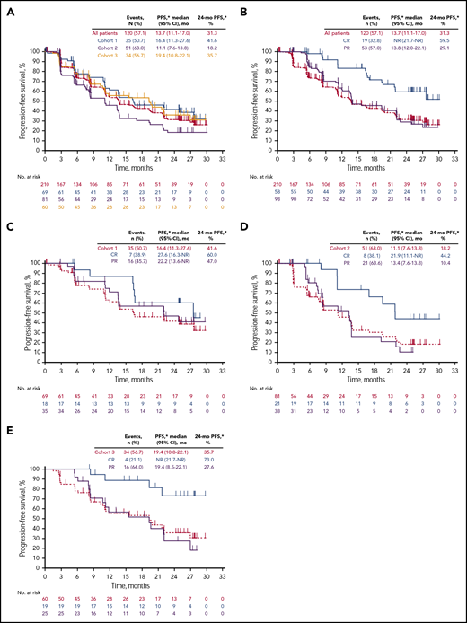 Kaplan-Meier estimate of PFS. In all patients and by cohort (A) and patients with complete or PR in all patients (B), cohort 1 (C), cohort 2 (D), and cohort 3 (E). *Based on Kaplan-Meier method for censored data.