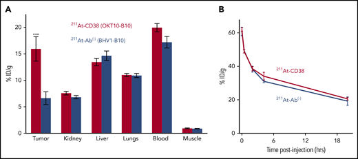 211At-CD38 biodistribution and pharmacokinetics. Mice bearing subcutaneous MM xenografts were IV injected with 211At-CD38 or 211At-Ab−, and ROB samples taken at 1, 25, 120, and 250 minutes posttherapy. At 24 hours posttherapy, mice were euthanized and blood, tumor, and normal tissues harvested, weighed, and γ counted, and then decay-corrected percent-injected dose of 211At absorbed per gram of tissue calculated. (A) Biodistribution of 211At-CD38. Tumors targeted by 211At-CD38 absorbed 2.4 times more activity than tumors exposed to 211At-Ab− (P = .007), and 211At-CD38 created favorable tumor-to-normal tissue ratios of absorbed activity for kidney, liver, and lungs. N = 5 mice per group; error bars = 1 SEM. (B) Blood clearance of 211At-CD38. Blood radioactivity of 211At-CD38 treated mice reduced from 60% ID per gram at 1 minute posttherapy to 38% at 2 hours and 20% at 24 hours. N = 3 mice per time point per treatment; error bars = 1 SEM.