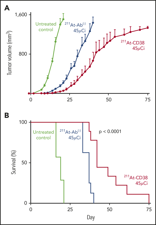 211At-CD38 therapy in subcutaneous MM models. Mice bearing subcutaneous OPM-2Luc xenografts were treated on day 0 with 30 or 45 µCi 211At-CD38 or 211At-Ab− (isotype control); n = 8 to 9 mice per group. Tumor dimensions were monitored 3 times weekly and mice euthanized when tumor volumes met IACUC requirements. (A) Tumor progression for untreated controls and 45-µCi groups; error bars = 1 SEM. (B) Kaplan-Meier survival curves. The 45-µCi 211At-CD38 treatment increased median survival relative to untreated (P < .0001) and to 45-µCi 211At-Ab− treated mice (P = .0005). The 30-µCi groups are not shown for visual clarity; data are described in “Results.”