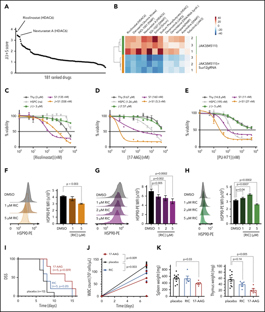 Leukemias with Suz12 loss are sensitive to inhibitors targeting the HDAC6/HSP90 axis. (A) Graph showing results of drug screen performed on JAK3(M511I)+Suz12gRNA (J+S1) vs JAK3(M511I) (J) leukemia cells ex vivo. A total of 181 drugs in screen are ranked according to J/J+S score. J/J+S score is defined as the ratio of the viability of the JAK3(M511I) leukemia cells (J) divided by the viability of the JAK3(M511I)+Suz12gRNA leukemia cells (J+S). (B) Heat map of a selection of 12 drugs from the screen showing differential sensitivity between J+S1 leukemia cells and J leukemia cells. The average viability of the 2 conditions was centered to 0. (C-E) Drug dose response curves showing viability of (leukemia) cells in response to 24 hours of treatment with increasing concentrations of HDAC6 inhibitor ricolinostat (C), HSP90 inhibitor 17-AAG (D), and HSP90 inhibitor PU-H71 (E). Percentage viability is defined as percentage surviving cells relative to DMSO concentration. GI50 values are shown. (F-H) Intracellular flow cytometry plots and quantifications of HSP90-PE MFIs with SEM after overnight (18 hours) treatment with Ricolinostat (RIC: 1, 2, or 5 μM) vs DMSO in J+S1 (F), S1 (G), and J (H) leukemia cells. (I) Survival curve showing DSS of J+S1 leukemic mice treated with RIC, 17-AAG, or placebo. The P values were calculated with Gehan-Breslow-Wilcoxon test. (J) WBC counts of J+S1 leukemic mice after 5 days of treatment. P values were calculated with 2-tailed unpaired Student t tests. (K) Weights of spleen and thymus at time of sacrifice of J+S1 leukemic mice treated with placebo vs RIC or 17-AAG. P values were calculated with 2-tailed unpaired Student t test.