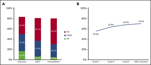 Response. (A) Response rates in the ITT population (N = 458). (B) Rates of VGPR or better throughout induction in the 426 patients who initiated cycle 6.