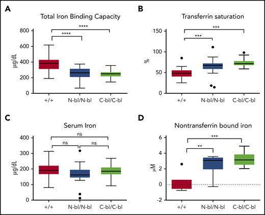 Mutation of the individual Tf lobes increases Tf saturation without altering serum iron. (A) Total iron-binding capacity was decreased upon loss of iron binding to either lobe of Tf compared with WT. (B) Tf saturations in TfN-bl/N-bl and TfC-bl/C-bl mice were significantly higher than those in WT but not significantly different from each other. (C) No significant differences in serum iron concentrations were observed across the 3 strains. For panels A-C, n = 14 mice per sex for WT and 7 to 8 males and 13 females per group for mutant mice, respectively. (D) Both TfN-bl/N-bl and TfC-bl/C-bl mice demonstrated increased non–Tf-bound iron concentrations compared with WT. For panel D, n = 2 to 3 female mice per group and n = 4 to 5 male mice per group. Data are presented as Tukey box and whisker plots. Statistical significance was analyzed by ANOVA. **P ≤ .01, ***P ≤ .001, ****P ≤ .0001. ns, nonsignificant.