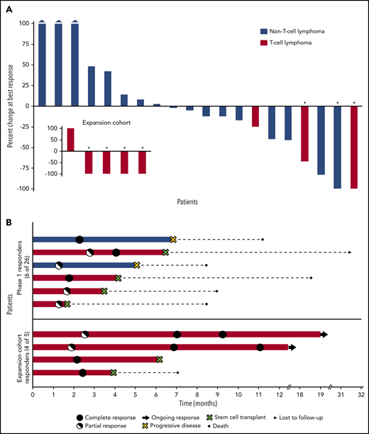 Waterfall and swimmers plots. (A) Percentage change in tumor burden. The waterfall plot depicts the percentage change in tumor volume at the time of best response for 20 evaluable patients in the phase 1 population and the 5 exploratory patients with T-cell lymphoma (inset). Three patients had evaluable, but not measurable disease: 1 patient had CD8+ cutaneous peripheral T-cell lymphoma, 1 had cutaneous anaplastic large cell lymphoma, and 1 had cutaneous diffuse large B-cell lymphoma; all achieved a partial response. Each bar represents an individual patient. Asterisks indicate CR. The 3 leftmost bars of the main plot represent patients whose tumor size increased by 100% or more. (B) Duration of response. For patients who underwent stem cell transplantation, the duration of response was censored at the time of this procedure. the figure highlights how the responder population is enriched in patients with T-cell lymphoma who may also exhibit longer lasting responses to the combination of 5-AZA and ROMI compared with their non–T-cell lymphoma counterparts.