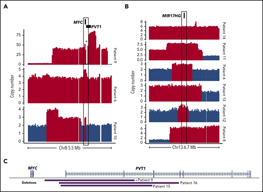 Somatic CNVs affecting MYC, MIR17HG, and PVT1 identified by WGS among DHITsig+ DLBCL tumors. Focal copy-number gains of MYC (A) or MIR17HG (B) identified among DHITsig+ DLBCL tumors. Red bars indicate regions where Control-FREEC identified a significant increase in copy number (P < .05). Compared with 162 GCB tumors without a MIR17HG amplification as determined by single-nucleotide polymorphism (SNP) arrays, expression of MIR17HG was significantly elevated among these 6 cases with MIR17HG copy gains (log2 fold change, 0.85; Wilcoxon P = .032). (C) The boundaries of focal PVT1 transcription start site (TSS) deletions identified in DHITsig+ tumors. *Indicates the PVT1 deletion identified in the double-minute chromosome.