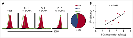 BCMA CARs recognize patient CD138+ myeloma cells in vitro. (A) Staining of BCMA on 8226 and 3 representative primary MM samples. Open histograms depict staining with isotype control. All plots are gated on CD38+ (thawed) or CD138+ (fresh) CD45−propidium iodide (PI)− singlet cells after Ficoll separation and CD138+ enrichment of freshly collected BMAs. Summarized data for all evaluable primary MM samples (n = 22) are shown as pie charts. (B) IFN-γ concentrations in supernatants of CD8+ BCMA CAR T cells after stimulation with primary CD138+ myeloma cells for 24 hours at a ratio of 2:1 as measured by ELISA. BCMA CAR T cells were generated from different allogeneic donors. Untransduced T cells or T cells transduced with an irrelevant CAR from the same donor were included as a control for alloreactivity as well as the CD138-depleted fraction from patient samples as a control for BCMA specificity. Supernatants from control cultures were <275 pg/mL in all assays. Correlation between BCMA and IFN-γ is depicted with P values by linear regression.