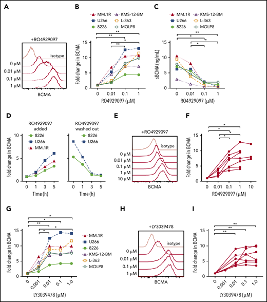 GSI decreases shedding of BCMA from myeloma cell lines and primary samples. (A) Surface BCMA staining of MM.1R after 24-hour incubation with increasing concentrations of RO4929097. (B) Fold change in surface BCMA on myeloma cell lines after 24-hour incubation with increasing concentrations of RO4929097. (C) Concentration of sBCMA in supernatant of cell lines cultured in increasing concentrations of RO4929097 for 24 hours as measured by ELISA. (D) Fold change of surface BCMA expression on myeloma cell lines cultured in 1 μM RO4929097 at various time points (hours) and after RO4929097 was washed out and cells were cultured in media without GSI (left and right panel, respectively). (E-F) Representative staining (E) and fold increase of BCMA (F) on CD138+ primary myeloma cells (n = 7) after 4-hour incubation with increasing amounts of RO4929097. (G) Fold change in surface BCMA on myeloma cell lines after 24-hour incubation with increasing concentrations of LY3039478. (H-I) Representative staining (H) and fold increase of BCMA (I) on CD138+ primary myeloma cells (n = 7) after 4-hour incubation with increasing amounts of LY3039478. Primary cells and cell lines were cultured at 0.5 × 106 cells per milliliter. Fold change in BCMA is defined as treated (MFIBCMA)/control (MFIBCMA) and isotype corrected for primary samples. Data in panels A through D and G are representative of 3 independent experiments. *P < .05, **P < .01, as determined by repeated measures 1-way ANOVA with the Tukey posttest.