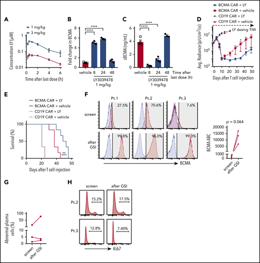 In vivo administration of GSI prevents BCMA shedding and increases BCMA CAR efficacy. (A) Concentration of LY3039478 in peripheral blood of mice at various time points after administration of 2 doses of 1 or 3 mg/kg LY3039478 36 hours apart. (B-C) Mice were engrafted with MM.1R for 27 days, treated with 1 mg/kg LY3039478 (filled circles) or vehicle (open squares) twice 18 hours apart and euthanized at various time points after the second dose. (B) Fold change in BCMA expression on CD138+GFP+ cells from bone marrow was determined, as well as sBCMA levels (C) in peripheral blood serum of mice. (D) Quantified bioluminescence imaging and (E) survival of mice engrafted with MM.1R cells and treated with 7.5 × 105 cells BCMA-CAR or CD19 CAR T cells 20 days after tumor injection; 1 mg/kg LY3039478 or vehicle was administered 3 times a week (TIW) starting at day −1 before T-cell treatment. (F) Staining of BCMA (red histograms) on 3 primary MM samples at screening for enrollment and 4 to 6 hours after 3 doses of 25 mg of LY3039478. LY3039478 was dosed orally on days 1, 3, and 5 and flow cytometry was performed on screen and day 5 samples. Time between the screening and day 5 samples is at most 39 days. Blue histograms depict staining with fluorescence minus 1 (FMO) control. Shaded area indicates positive above background, with BCMA+ percentages in top right corner. BCMA ABC is depicted in the right panel. Plots are gated on abnormal plasma cells of freshly collected BMAs. Significance was tested by the 2-tailed paired Student t test. (G) Percentage of abnormal plasma cells from samples shown in panel F. (H) Ki67 stain on samples from patients 2 and 3. Percentage of Ki67+ cells is depicted. *P < .05 as tested by the Mann-Whitney test. ****P ≤ .0001 as tested by 1-way ANOVA with the Dunnett posttest. **P ≤ 0.01 as tested by the log-rank (Mantel-Cox) test.