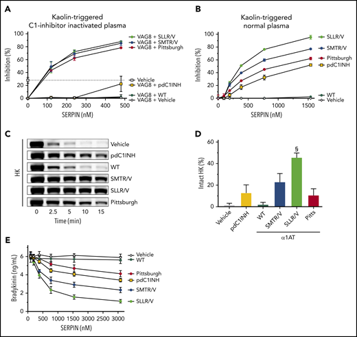 α1-Antitrypsin variants SMTR/V and SLLR/V are powerful inhibitors of bradykinin formation. (A) Inhibition of kaolin-induced contact system enzyme activity by SERPINs in C1INH-inactivated plasma (by 3.37 μM VAG8), measured with a chromogenic substrate. The dotted line indicates the level of inhibition that is achieved by plasma C1INH (ie, in absence of VAG8); 100% indicates full inhibition of enzyme activity. (B) Inhibition of kaolin-induced contact system enzyme activity by SERPINs in normal pooled plasma (with normal C1INH activity), measured with a chromogenic substrate; 100% indicates full inhibition of enzyme activity. (C) Kaolin-induced HK consumption after 15 minutes (quantification of repeated experiments in panel D). (E) Bradykinin formation after 5 minutes in the presence of a concentration range of SERPINs. Data represent the mean ± SD of 3 separate experiments, each performed in duplicate. §P < .0001, compared with pdC1INH by 1-way ANOVA.