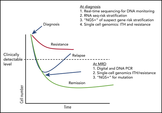 Treatment response and potential uses of emerging technologies. A conjecture on how tests may be used in the future to guide CML (and other hematological malignancies) therapy, based on current research work in the field (ignoring any financial considerations). At diagnosis, DNA methods can be used to both quickly determine breakpoints useful in designing DNA monitoring assays and other mutations that might influence initial response to TKI therapy. RNA sequencing (RNA seq) can used to assay specific genes and pathways associated with early response. Single-cell genetics can be used to establish potentially troublesome complex heterogeneity and identify populations with a resistance signature. During therapy, digital and DNA PCR can be used as a more sensitive determinant of deep molecular response, and “NGS+” used to identify mutations in patients without a deep response who appear to be relapsing.