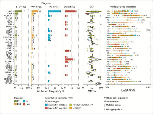 Figure 2. Recurrent gene mutations, VAF of mutations, and gene expression in MPN cohort. Thirty-five of 87 myeloid-related genes (Figure 1C; supplemental Table 7) with the highest mutation frequency within the cohort are depicted (left panel). Mutations are sorted as described in Figure 1C and colored by diagnosis. VAF for each mutation colored by mutation type (middle panel). Gene-expression values were reported for each patient as fragments per kilobase per million reads (FPKM) (supplemental Table 12) (right panel). Expression values are plotted as log2(FPKM). Patients with a mutation in the respective gene are shown as vertical bars. Numbers indicate the minimum and maximum expression values.