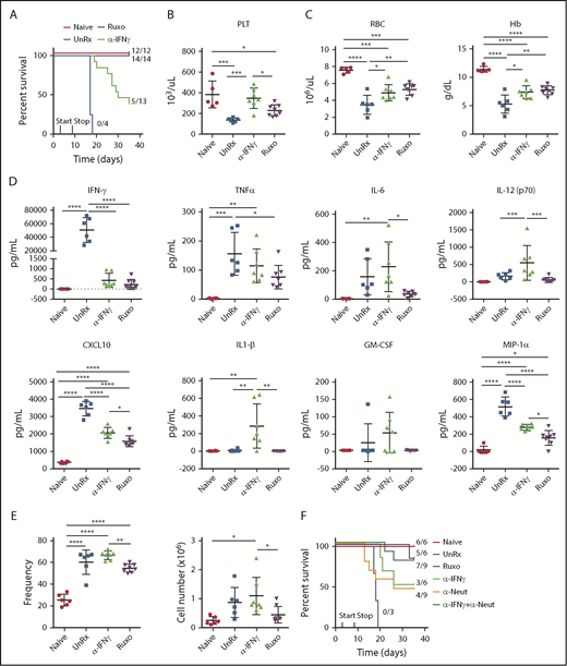 Figure 7. Short-term treatment with ruxolitinib (Ruxo) promotes long-term survival of LCMV-infected Prf1−/−mice. (A) Naive and LCMV-infected Prf1−/− mice were left untreated (UnRx) or were treated with αIFN-γ on days 4 and 7 postinfection or with Ruxo on days 4 to 8 postinfection. αIFN-γ and Ruxo were discontinued on day 9, and survival was monitored until day 35. Data are combined from 3 independent experiments. P < .0001, log-rank test. (B) Mice were treated as in (A) and euthanized on day 20. For comparison, untreated LCMV-infected mice were euthanized and analyzed on day 9 (UnRx). Blood was analyzed for platelet count (PLT) (B) and for red blood cell count (RBC) and hemoglobin (Hb) (C). (D) Levels of serum cytokines. (E) Frequency (left panel) and total numbers (right panel) of splenic neutrophils on day 20 postinfection. Each data point represents 1 mouse. Data (mean ± standard deviation) are combined from 2 independent experiments. The total number of mice per group was n = 6 each (Naive and UnRx), n = 7 (αIFN-γ) and n = 8 (Ruxo). (F) Percentage survival of Naive and LCMV-infected Prf1−/− mice left untreated (UnRx) or treated with αIFN-γ, Ruxo, neutrophil-depleting antibody (αNeut), or a combination of αNeut and αIFN-γ from days 4 to 8 postinfection, followed by treatment discontinuation. Survival was followed to day 35. Data (mean ± standard deviation) are combined from 2 independent experiments. P < .0004, log-rank test. Total number of mice examined was n = 6 each (Naive, αIFN-γ, and Ruxo), n = 3 (UnRx), and n = 9 each (αNeut and αNeut+αIFN-γ). *P < .05, **P < .01, ***P < .001, **** P < .0001.