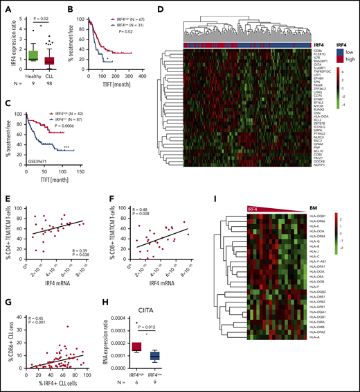 Relation of IRF4 expression to disease progression and the immune phenotype in human CLL patients. (A) Primary CLL cells derived from the blood of 98 chemonaive CLL patients and B cells derived from the blood of 9 healthy donors were purified and mRNA measured by real-time PCR. The mRNA expression ratio normalized to 18S and the mean expression in healthy donors is shown. (B) Kaplan-Maier analysis showing TTFT intervals for the IRF4low and IRF4high CLL patient group. The cutoff to discriminate between IRF4 groups was calculated by ROC analysis and Youden index calculation. (C) GSE39671 data46 were used for Kaplan-Maier analysis showing TTFT intervals in the IRF4low and IRF4high group. Group cutoffs were calculated using ROC analysis and Youden index calculation. (D) GSE39671 gene expression data46 were analyzed for differentially expressed genes (P < .05) in IRF4low and IRF4high CLL patients. Differentially expressed genes were filtered using the murine gene list GO: 0042210 and are depicted as heatmap using unsupervised clustering. (E) The percentage of CD4+ and (F) CD8+ naïve T cells and (G) CD86+ CLL cells was analyzed by flow cytometry and correlated to IRF4 expression measured by real-time PCR. (H) CIITA was measured by real-time PCR in IRF4low and IRF4high CLL patients. CIITA expression ratios are depicted as delta CT ratio, normalized to 18S. (I) Heatmaps of HLA genes extracted from Affymetrix Gene chip data derived from the public dataset GSE2102947 are shown for BM samples of CLL patients. IRF4 expression is shown on the x-axis using a declining expression gradient.