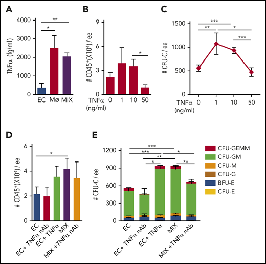 Proinflammatory factors are involved in HBA HC output. (A) Concentration (fg/mL) of TNF-α protein in the supernatant of OP9-DL1-B1 cultures containing E10.5 (34 to 39 sp) HBA EC, MФ, or MIX, as determined by FCAP assay. n = 3; *P = .039; **P = .005. Number of (B) CD45+ cells and (C) CFU-C number per 1 ee of HBA cells in EC cultures supplemented with different TNF-α concentrations. n = 4. Number of (D) CD45+ cells and (E) CFU-C/ee of E10.5 HBA cells in the OP9-DL1-B1 cocultures containing EC, EC+TNF-α nAb (0.4 μg/mL), EC+TNF-α (10 ng/mL), MIX, MIX+TNF-α nAb (0.4 μg/mL). n = 4. Colony types are indicated by color bars. *P < .05; **P < .01; ***P < .001.