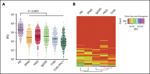 Antibody repertoire profiling on CFG and NCFGv2 reveals broad carbohydrate-recognition defects in symptomatic PADs. (A) Glycan-specific binding of serum IgG screened at 180 μg/mL on CFG glycan array version 5.1 (610 glycans) depicted as RFU. Screened sera were from cohorts with symptomatic HGG (n = 76), SPAD (n = 5), CVID (n = 25), CVID PPVlow (n = 6), or IgGSD (n = 8) or from HDs (n = 43). Significant values are reported (Kruskal-Wallis test). (B) Glycan-binding reactivity matrices for individual sera (HD, n = 12; SPAD, n = 5; IgGSD, n = 8; HGG, n = 11; CVID, n = 12) screened on the NCFGv2 and computed using the dendrogram clustering algorithm, as outlined in Materials and methods. Columns represent the antibody-reactivity profiles (reactivity of each specific glycan for the different sera samples), and the rows reflect the immune profiles for each patient subgroup based on the mean RFU values.
