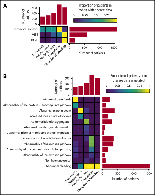 Classification of patients using clinical and laboratory phenotypes. (A) Classification of 2396 index patients from the ThromboGenomics, VIBB, and PANE cohorts into 1 of 5 disease classes: thrombotic, platelet count, platelet function, coagulation, and unexplained bleeding. (B) Representative HPO codes for patients characterized in each of the 5 disease classes.