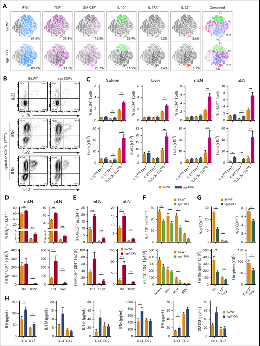 IL-6 trans signaling regulates Th17 and Th22 differentiation. (A-J) Donor BALB/c CD4+ T-cell cytokine expression was assessed at day 7 after transplantation in recipient B6 wild-type (B6.WT) and B6.sgp130Fc (IL-6 trans signaling inhibited) mice. (A) High-dimensional analysis of cytokine expression from donor CD4+ T cells isolated from the mLNs using t-distributed stochastic neighbor embedding (6 parameters: IFNγ, TNF, GM-CSF, IL-10, IL-17A, and IL-22; concatenated from 1 experiment, where n = 6 mice per group). (B) Representative contour plots of IL-22 and IL-17A expression in CD4+ T cells and IFNγ, IL-22, and IL-10 in IL-17A− CD4+ T cells from the mLNs (concatenated from 4-5 mice per group). (C) Proportion and total numbers of Th17 cells (CD4+IL-17A+) either not expressing IL-22 (IL-22−Th17) or expressing IL-22 (IL-22+Th17) and Th22 cells (CD4+IL-17A−IL-22+) in the spleen, liver, mLNs, and peripheral LNs (pLNs) of B6.WT and sgp130Fc mice (n = 10-22 mice per group from 2-4 separate experiments). (D-E) Frequency and total numbers of Th1 (CD4+IFNγ+IL-17A−IL-22−) and Th22 (CD4+IL-17A−IL-22+) cells expressing IFNγ (D) and GM-CSF (E) as a proportion of total CD4+ T cells (n = 10-11 mice per group from 2-3 separate experiments). (F) Frequency and total number of CD4+ T cells expressing IL-10 in multiple organs (10-22 mice per group from 2-4 separate experiments). (G) Percentage and total number of type-1 T regulatory cells (Tregs) (Tr1, CD4+IFNγ+IL-10+) and FoxP3+ Tregs expressing IL-10 (CD4+FoxP3+IL-10+) in the spleen and FoxP3+ Tregs (CD4+FoxP3+) as a percentage of total CD4+ T cells in the spleen (n = 6-13 mice per group from 1-2 experiments). (H) Peripheral blood serum cytokine levels of IL-6, IL-17A, IL-17F, IFNγ, TNF, and GM-CSF at day 4 and day 7 after transplantation (n = 16-28 mice per group from 4 experiments). Data presented as mean ± standard error of the mean. *P < .05, **P < .01, ***P < .001.