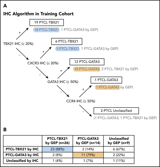 Decision tree for IHC subclassification. (A) The IHC algorithm was generated using the 40 PTCL-NOS cases that were classified by the GEP as PTCL-GATA3 and PTCL-TBX21. The 9 cases unclassifiable by GEP were not included in the training of the algorithm. (B) Comparison of the IHC and GEP-defined PTCL subtypes resulted in an accurate classification of 85% of cases, with 5% remaining unclassifiable.