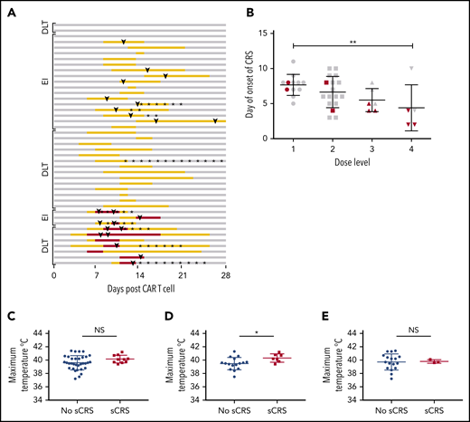 The onset of CRS following CAR T-cell infusion is variable and related to dose level with primary symptom of fever, which may be affected by increased use of tocilizumab in the EI cohort. (A) Swimmer plot of time to onset of CRS and its severity and duration (gray, no CRS; yellow, mild CRS; red, sCRS), with administration of tocilizumab (arrowheads) and dexamethasone (asterisks), as well as annotation for the assigned intervention cohort (DLT and EI; y-axis). (B) The onset of CRS by dose level of CAR T cells, as well as the severity of CRS by dose level (gray, mild CRS; red, sCRS). (C) Maximum fever following CAR T-cell infusion through day +28 grouped based on the presence or absence of sCRS. (D) Maximum fever based on CRS severity in the DLT cohort (D) and the EI cohort (E). *P < .05, **P  ≤  .01. NS, not significant.