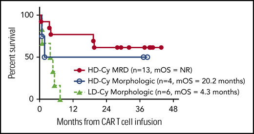 Overall survival of combined dose intensity and pretreatment disease burden. Low-dose Cy/MRD cohort (n = 2) not shown (1 of 2 patients alive). mOS, median overall survival; NR, not reached.