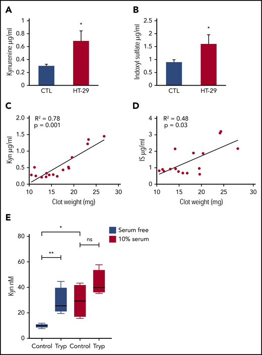 Increase in Kyn and IS in plasma of mice with colon cancer xenografts. (A) Increase in Kyn level in the plasma of animals injected with the colon cancer xenograft. Plasma obtained from athymic mice with HT-29 xenografts (N = 8, as described in Figure 1A) before IVC occlusion were examined for Kyn levels. The uninjected athymic mice served as controls (N = 8). An average of 2 independent determinations in plasma of the mice from Figure 1D is shown. A Student t test was performed. Error bars = SEM. P < .001. (B) Increased IS in plasma of animals with colon cancer xenografts. Plasma obtained from athymic mice with HT-29 xenografts before IVC occlusion was examined for IS levels as noted earlier. Average of 2 independent determinations in plasma of the mice from Figure 1D is shown. A Student t test was performed. Error bars = SEM. P = .03. (C) Correlation of Kyn levels with clot weights. Kyn levels recorded in a total of 16 mice from both groups (xenograft-bearing and control, as described in Figure 1A) were correlated with the clot weights. Pearson’s correlation analysis was performed. Line represents a linear regression performed to obtain the P value. (D) Correlation of IS levels with the clot weight. IS levels obtained from 16 mice from both groups (xenograft-bearing and control) were correlated with clot weights. Pearson’s correlation and linear regression analysis were performed. (E) Kyn production by HT-29 cells. HT-29 cells were cultured for 48 hours in the presence or absence of 10% serum and/or tryptophan (Tryp). The harvested media were analyzed for Kyn by using LC/MS, and values were subtracted from the levels in the basal medium (nonsupplemented). The box plots are representative of Kyn levels analyzed in quadruplets. The line within the box corresponds to the median, the borders represent the 25th and 75th percentiles, and the whiskers represent the highest and the lowest values. *P = .014 and **P = .03. ns, not significant.