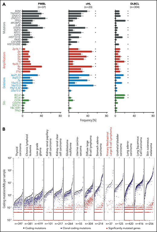 Comparative analysis of lymphoma drivers and mutational burden. (A) Significant genetic alternations found in PMBL (left panel) are compared with our own reported cohorts of cHL (middle panel),28 and DLBCL (right panel).30 Alterations are color-coded: mutations, black; copy gains (amplifications), red; copy losses (deletions), blue; SVs, green. Error bars indicate standard errors. Because this analysis is PMBL-centric, there are additional DLBCL-specific alterations30 that are not found in PMBL. Note that significantly recurrent somatic alterations in PMBL are not necessarily significantly recurrent in other tumor cohorts despite being observed frequently. Significant genetic drivers in cHL28 and DLBCL30 are indicated with an asterisk. (B) Mutational density across different tumor types, ordered from low to high mutational burden (left to right). Tumor types are ordered by median mutation burden. Coding mutations in black, clonal coding mutations in blue, and significantly mutated genes in red.