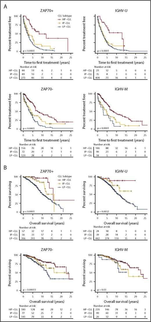Figure 6. Relative clinical impact of epitype on CLL patient outcomes after separating patients by the related markers IGHV mutation status and ZAP70 positivity. (A) Patients were combined from the Mayo, CRC, and MDACC cohorts, and TTFT was plotted by epitype after segregating into 2 groups according to ZAP70 expression (±20% positivity, left panels) and IGHV status (±98% identity, right panels). (B) The same analysis as in (A), assessing OS from diagnosis. The P values were assessed using the log-rank test.