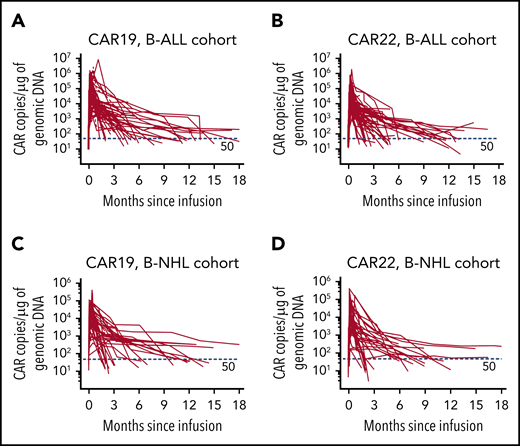 Cellular kinetics of CAR19 and CAR22 transgenes in peripheral blood. Copies of CAR19 (A) and CAR22 (B) transgenes, respectively, in patients with B-ALL and copies of CAR19 (C) and CAR22 (D) transgenes in patients with B-NHL. Genomic DNA was isolated from the samples of whole blood at serial time points before and after infusion of the CAR T-cell cocktail. Each panel represents the cellular kinetics of CAR transgenes within the first 18 months since infusion. The red horizontal line in each panel denotes the lower limit of quantitation (50 copies/μg).