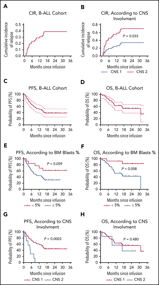 Outcomes in patients with B-ALL after CAR19/22 T-cell cocktail therapy. (A) CIR in B-ALL cohort. CIR was calculated, with nonrelapse mortality and subsequent allo-HSCT considered as competing risks. Patients who did not have a relapse at last follow-up were censored. The CIR at month 12 was 0.291 (95% CI, 0.200-0.423). (B) CIR according to CNS involvement at enrollment. Relapse was more frequent in patients with CNS involvement (CNS 2) compared with patients without (CNS 1; P = .033). PFS (C) and OS (D) in this cohort. The median PFS was 13.6 months (95% CI, 6.5-NR), and the median OS was 31.0 months (95% CI, 10.6-NR). PFS (E) and OS (F) according to leukemia burden in BM. In the patients with low leukemia burden (<5% BM blasts) at baseline, the median PFS and OS were NR. In the patients with high leukemia burden (≥5% BM blasts) at baseline, the median PFS was 8.6 months (95% CI, 5.2-15.4) and the median OS was 16.2 months (95% CI, 8.9-31.0). PFS (G) and OS (F), according to CNS involvement. In the patients without CNS involvement (CNS 1) at baseline, the median PFS was 14.9 months (95% CI, 7.8-NR), and the median OS was 31.0 months (95% CI, 10.6-NR). In the patients with CNS involvement (CNS 2) at baseline, the median PFS was 4.9 months (95% CI, 1.0-7.9), and the median OS was 16.7 months (95% CI, 1.0-NR).