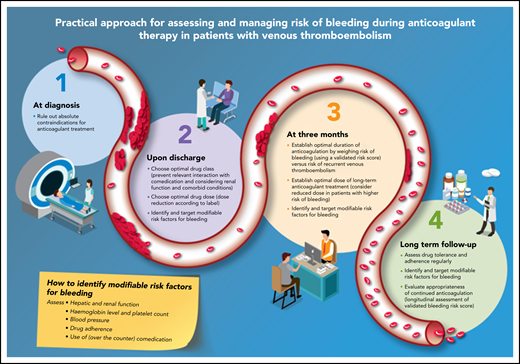 Practical approach to assess and manage risk of bleeding in patients with VTE. (1) At diagnosis; (2) upon discharge; (3) at 3 months; and (4) long term follow-up.