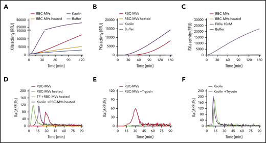 Effect of heating or incubation with trypsin on TG initiated by storage lesion–induced RBC-MVs. (A) RBC-MVs were heated (brown) or not (red) at 60°C for 15 minutes, then brought to room temperature before resuspension in a buffer system containing purified FXII and assayed for substrate cleavage. (B) RBC-MVs, heated (brown) or not (red), were resuspended in a buffer system containing purified PK and HK and assayed for substrate cleavage. Kaolin (purple) was used as the positive control (A-B). (C) Purified FXI was assayed for activation and substrate cleavage by RBC-MVs (red). Addition of FXIIa (purple) was used as the positive control, whereas sPL vesicles (green) were used as the negative control. Buffer (blue) was used as a control for residual active enzyme of the purified zymogens (A-C). (D) RBC-MVs, heated (brown) or not (red), were added to recalcified MV-free NPP for TG; 5 pM tissue factor (TF; green) or 30 µg/mL kaolin (purple) was used to initiate TG in recalcified NPP containing heated RBC-MVs. (E) RBC-MVs were incubated with buffer (red) or 20 µM bovine trypsin (green) overnight at 4°C followed by addition of 200 µM PPACK for 1 hour at room temperature to inhibit trypsin, before TG assay. (F) Kaolin (30 µg/mL, purple) and kaolin plus trypsin (green) were added to MV-free NPP supplemented with 4 µM synthetic lipid vesicles for TG.