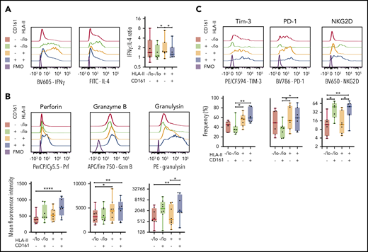 Intracellular expression of cytotoxic effector molecules and expression of exhaustion markers in chronically activated iNKT cells. (A) Representative histograms of IFN-γ or IL-4 expression based on CD161 and HLA-II expression (left) and a summary of the ratio of the frequency of IFN-γ to IL-4–positive cells based on CD161 and HLA-II expression (right; n = 7). (B) Mean fluorescence intensity of expression of perforin (Per), granzyme B (Gzm B), and granulysin based on CD161 and HLA-II expression in in vitro expanded iNKT cells (n = 7). (C) Frequency of expression of Tim-3, PD-1, and NKG2D based on CD161 and HLA-II expression in in vitro expanded iNKT cells (n = 7). Means ± standard error of the mean (A-C). *P = .05-.01; **P = .009-.001; ****P < .0001.