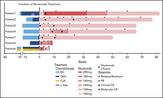 Swimmer plot of time on treatment of 7 r/r EBV-HLH patients. Dashed lines indicate the end of induction and start of maintenance treatment; solid lines indicate the cessations of nivolumab treatment. CsA, cyclosporin A; ED, etoposide plus dexamethasone; GED, gemcitabine plus etoposide plus dexamethasone; l-Asp, l-asparaginase.