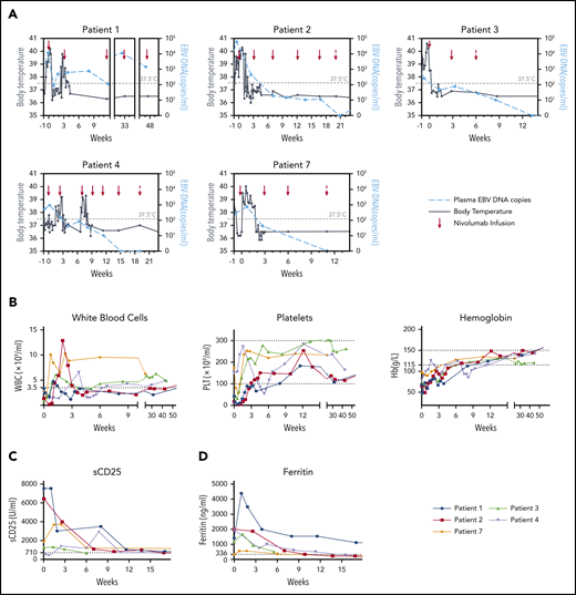Dynamics of clinical and laboratory parameters after nivolumab infusions in patients with clinical CR. (A) Dynamics of body temperature (black lines) and plasma EBV-DNA copy numbers (blue lines) in clinical CR patients (n = 5) during nivolumab induction therapy. (B) White blood cell (WBC) count, platelet (PLT) count, and hemoglobin (Hb) concentration in peripheral blood of clinical CR patients. (C-D) Levels of sCD25 (C) and ferritin (D) in serum of clinical CR patients.