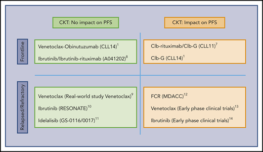 Influence of CKT on the PFS of CLL patients. The predictive value of CKT in CLL treated with target therapy remains to be established. CKT is associated with shorter PFS in patients treated with chemoimmunotherapy combinations and in many studies of heavily pretreated patients included in early-phase clinical trials. In contrast, the current study suggests that activity of some targeted therapies employed at initial treatment may not be influenced by the presence of CKT. Clb, chlorambucil; FCR, fludarabine, cyclophosphamide, rituximab; G, obinutuzumab.1,7-14