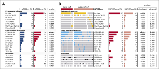 Association of NT5C2 mutations with recurrent genetic alterations in relapsed BCP-ALL. (A) Distribution of recurrent genetic alterations in relapses with wild-type NT5C2 in comparison with relapses with NT5C2 mutation. Bars represent the percentage of relapses with a given genetic alteration within each category. P values below the .05 level of significance are depicted in bold. (B) Distribution of recurrent genetic alterations in relapses with clonal and with subclonal NT5C2 mutations only in comparison with relapses with wild-type NT5C2. Colored bars (yellow and blue) and black dots highlight the presence of a given genetic alterations in a relapse sample, whereas white bars indicate cases with no data. del, deletion; mut, mutation; rearr, rearrangement; sub, subclonal NT5C2 mutation; wt, wild-type. B-other* represents BCP-ALL relapses lacking the established cytogenetic abnormalities listed below.