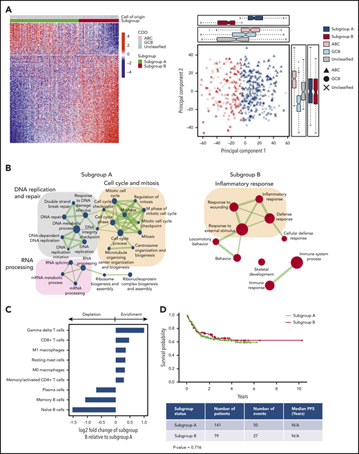 Identification of 2 subgroups with different immune infiltration patterns in a public dataset from newly diagnosed DLBCL patients. (A) Gene expression profiles (Affymetrix) of screening biopsies from 414 DLBCL patients downloaded from the Gene Expression Omnibus (GSE10846)7 were transformed by nonnegative matrix factorization, followed by unsupervised clustering, revealing 2 subgroups. The heat map (left panel) shows expression of top discriminating genes (n = 260) between the 2 subgroups that are independent of COO classification. The bands at the top show COO classification in comparison with new groups identified. PCA shows orthogonality between the 2 subgroups and COO classification (right panel). Principal component 1 segregates the 2 new subgroups identified, whereas principal component 2 shows segregation between ABC and GCB COO. Boxplots at the top and on the right show sample distribution by each of the 2 new subgroups identified and by COO for principal component 1 and principal component 2. (B) Results of GSEA pathway analysis presented using EnrichmentMap23 to display the most significant biological processes (adj. P < .001) in subgroup A (left panel) and subgroup B (right panel). (C) Deconvolution plot of inferred immune cell populations shown as log2-fold change in subgroup B relative to subgroup A. (D) Subgroup inclusion does not correlate with PFS in frontline DLBCL patients treated with R-CHOP from the GSE10846 dataset.