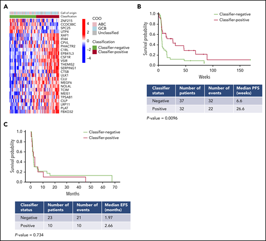 Gene expression classifier enriches for response to avadomide in DLBCL. (A) Heat map showing application of the gene expression classifier to the CC-122-ST-001 trial dataset. (B) Classifier status at screening in 69 R/R DLBCL patients enrolled in a trial of avadomide monotherapy (32 classifier-positive; 37 classifier-negative) showed a significant correlation with PFS. (C) Classifier status did not correlate with outcome in R/R DLBCL patients treated with rituximab-containing chemotherapy.20.