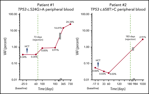 TP53 mutations are detectable in blood before transplantation and increase until therapy-related myeloid malignancy diagnosis. Mutations detected in bone marrow at time of myeloid malignancy diagnosis using NGS could be tracked in blood more than 2 years earlier using ddPCR.