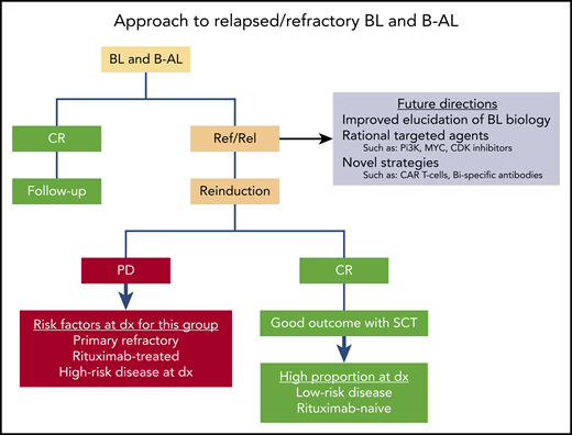 Schematic representation of an approach to treating pediatric patients with relapsed or refractory BL. CAR, chimeric antigen receptor; CR, complete remission; dx, diagnosis; PD, progressive disease; Ref, refractory; Rel, relapsed; SCT, stem cell transplantation.