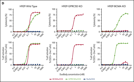 Expression of GPRC5D and BCMA on MM cells. (A) MM patient BM MNCs showing various profiles of GPRC5D and BCMA expression. Cells were gated using the CD138 plasma-cell marker (MI15; BioLegend) and antibodies to GPRC5D and BCMA to measure their surface expression (GPRC5D: 571961, R&D Systems; BCMA: 19F2, BioLegend). The left panel is representative of most patient samples surveyed, while the middle and right panels depict skewed expression for BCMA or GPRC5D, which was seen in a minority of patients (see panel B). (B) Expression of GPRC5D and BCMA surface protein in 51 BM MNC samples from MM patients on CD138+ cells as measured by flow cytometry. Each column represents an individual patient sample. Data are expressed as percent positivity of all CD138+ cells. (C) Generation of GPRC5D (top row) and BCMA (bottom row) KO H929 cells by CRISPR. Loss of signal can be seen in the KO cells compared with the isotype control (gray). (D) JNJ-64407564 (black circle) efficiently depleted H929 wild-type or BCMA KO cells, but not GPRC5D KO cells. Percent cytotoxicity and T-cell activation were measured as in Figure 2. A positive control BCMAxCD3 antibody (red triangle) killed wild-type H929 and GPRC5D KO cells but had no effect on BCMA KO cells. The negative control antibody NullxCD3 (blue square) had no effect on cytotoxicity or T-cell activation in all cell lines.