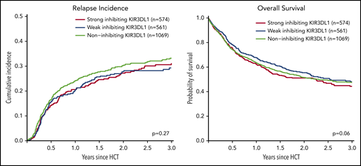 Impact of donor KIR3DL1/HLA-B subtype combinations on relapse incidence and overall survival. This figure shows the univariate comparisons for the cumulative incidence of relapse (left panel) and overall survival (right panel) in the framework of the 3-group model of patients classified based on their donors’ KIR3DL1/HLA-B subtype combinations according to Boudreau et al.19 The P values represent the score tests of univariate Cox regression models.