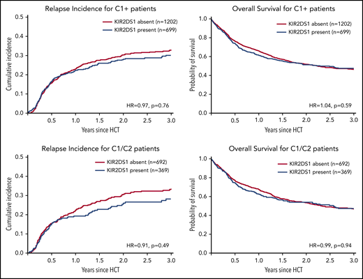 Impact of donor KIR2DS1 in C1-positive patients. This figure shows the cumulative incidences of relapse (left panels) and overall survival (right panels) of patients grouped according to their donors’ KIR2DS1-status (absence vs presence) and according to the patients’ C1/C2-ligand status. The upper panels show outcomes of C1-positive patients (ie, C1/C2 or C1/C1 patients). The lower panels show outcomes of C1/C2-positive patients only. This subgroup of patients whose leukemia cells express C2, the activating ligand for KIR2DS1, should have the greatest benefit of KIR2DS1-positive donors. Patients were classified according to the algorithm published by Venstrom et al18 in 2012. The HRs were calculated in multivariable Cox regression models adjusted for patient age, donor age, disease risk index, Karnofsky performance status, sex match, cytomegalovirus match, HLA match, conditioning intensity, T-cell depletion, and stem cell source. The P values represent the Wald tests.