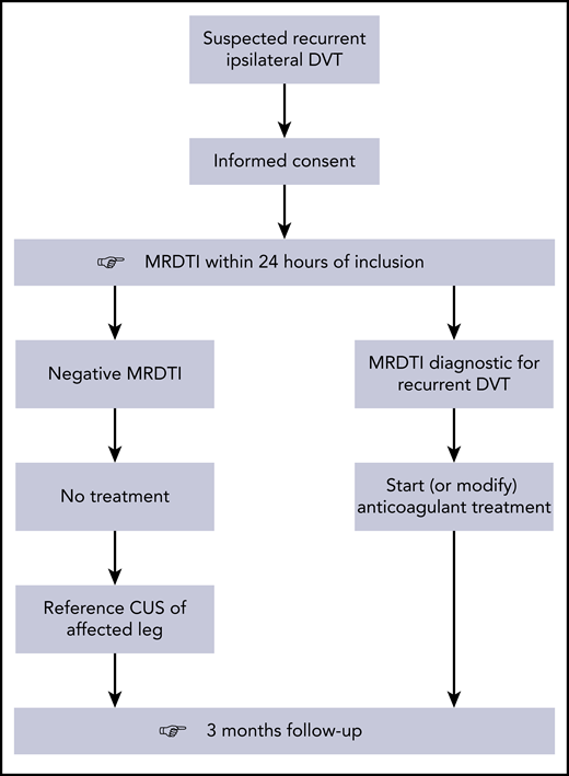 Study flowchart of patients with clinically suspected acute recurrent ipsilateral DVT. The reference CUS in patients with MRDTI negative for DVT was performed within 48 hours and did not influence the treatment decision.