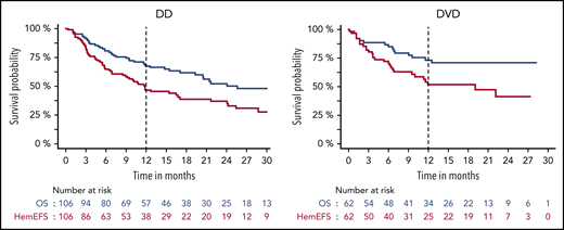 KM plots for hemEFS and OS for DD and DVD. For the DD group, median OS was 25.6 months and hemEFS 11.8 months. After 12 months, 68% of patients were still alive and 47% were without a hemEFS event (median follow-up for DD was 22.2 months). For the DVD group, median OS had not yet been reached and hemEFS was 19.1 months. After 12 months, 73% of patients were still alive and 52% were without a hemEFS event (median follow-up time for DVD was 16.7 months).