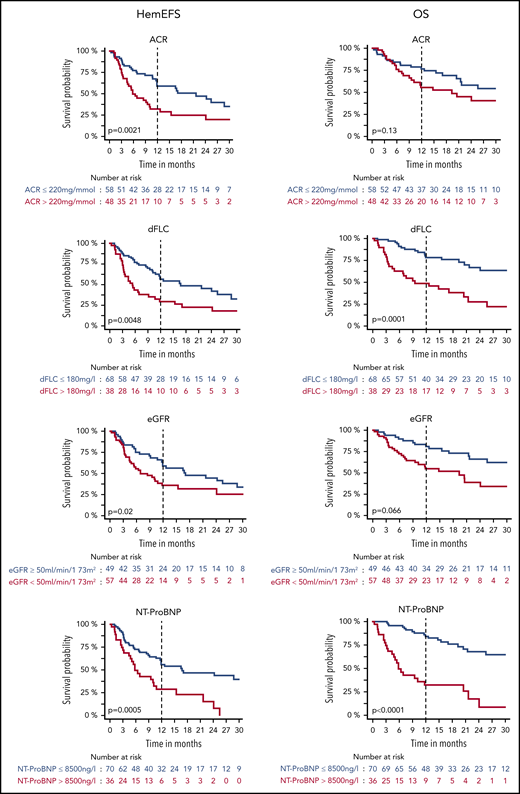 HemEFS and OS for specific subgroups with DD. KM plots for hemEFS (left) and OS (right) stratified by cutoffs for ACR, dFLC, eGFR, and NT-ProBNP. P values between groups listed in KM plots.
