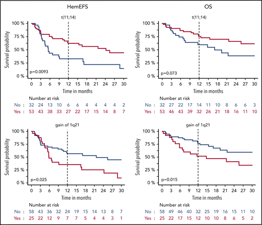 HemEFS and OS for specific subgroups with DD. KM plots for hemEFS (left) and OS (right) stratified by presence of translocation t(11;14) and gain of 1q21. P values between groups listed in KM plots.